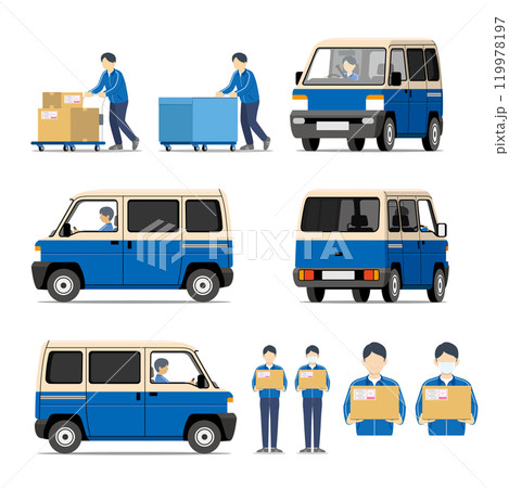 宅配便、車両、軽ワンボックスカー、軽自動車、台車、スタッフ、セット 119978197