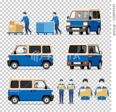 快遞、車輛、燈箱車、輕型車、手推車、工作人員、套裝 119978197