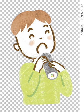 Hand-drawn illustration of a man eating ehomaki Hand-drawn illustration of a man eating ehomaki 119978242