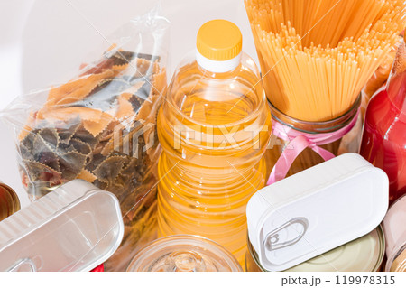 Food Reserves: Canned Food, Spaghetti, Tomato Juice, Pasta and Grocery 119978315