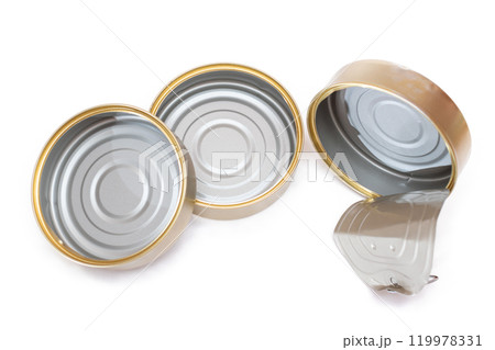 Three Opened Empty Tin Cans Isolated on White Background Three Opened Empty Tin Cans Isolated on White Background 119978331