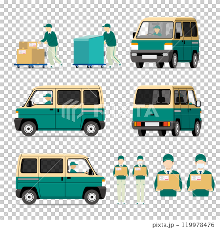 Delivery service, vehicle, minivan, minicar, trolley, staff, set 119978476