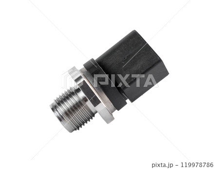 New rail fuel pressure sensor on white background close up New rail fuel pressure sensor on white background close up 119978786