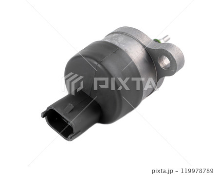 New rail fuel pressure sensor on white background close up 119978789