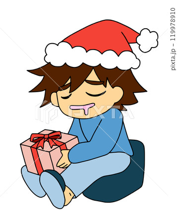 クリスマスにプレゼントを抱えて居眠りする男の子 119978910