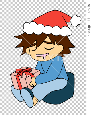 クリスマスにプレゼントを抱えて居眠りする男の子 119978910