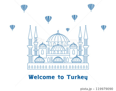 トルコの観光イメージ、モスクと気球の線画イラスト トルコの観光イメージ、モスクと気球の線画イラスト 119979090