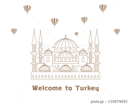 トルコの観光イメージ、モスクと気球の線画イラスト トルコの観光イメージ、モスクと気球の線画イラスト 119979091