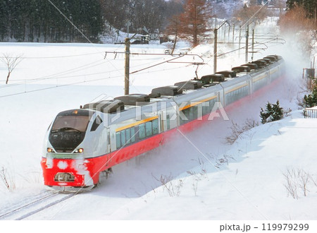雪の奥羽本線を走る特急つがる号 119979299
