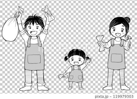エプロンをして大掃除をする家族のイラスト　白黒 119979303