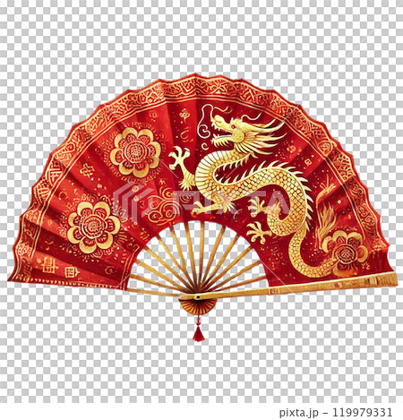 Dragon-themed red fan, intricate design, Chinese New Year theme 119979331