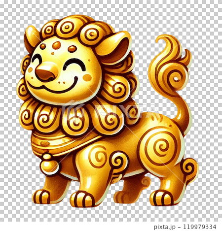 Golden lion character, cheerful expression, Chinese New Year theme 119979334