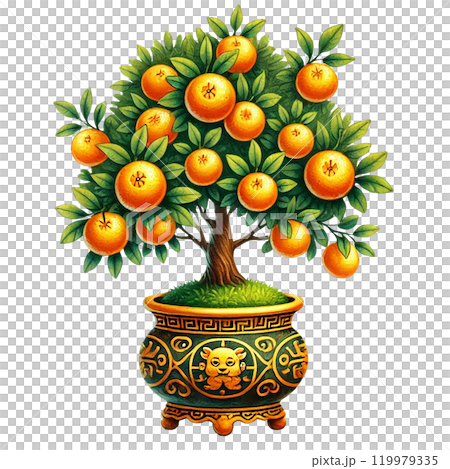 Orange tree in decorated pot, vibrant leaves and fruits. Chinese New Year theme 119979335