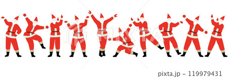 10人のサンタクロースがいろいろなポーズを決めているベクターイラストセット（横一列） 119979431
