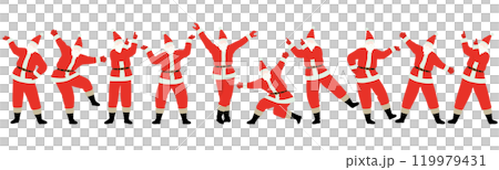 10人のサンタクロースがいろいろなポーズを決めているベクターイラストセット（横一列） 119979431