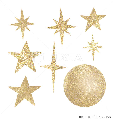 Golden sparkling stars and ball. Hand drawn illustration set of twinkling elements for decoration isolated on white. For Christmas and Happy New Year greeting cards, festive packaging and designs. 119979495