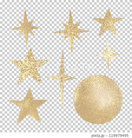 Golden sparkling stars and ball. Hand drawn illustration set of twinkling elements for decoration isolated on white. For Christmas and Happy New Year greeting cards, festive packaging and designs. 119979495