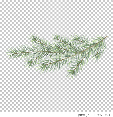 Christmas fir branch watercolor isolated illustration. Hand drawn composition with green spruce tree branch with needles. Botanical decor for winter holidays invitation, Happy New Year greeting cards. 119979504