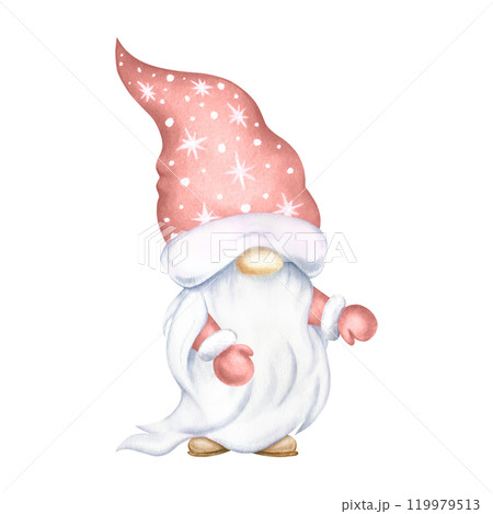 Christmas gnome in red hat and mittens with white beard watercolor isolated illustration. Hand drawn festive character for Happy New Year greeting cards template, stickers, festive packaging, designs. Christmas gnome in red hat and mittens with white beard watercolor isolated illustration. Hand drawn festive character for Happy New Year greeting cards template, stickers, festive packaging, designs. 119979513