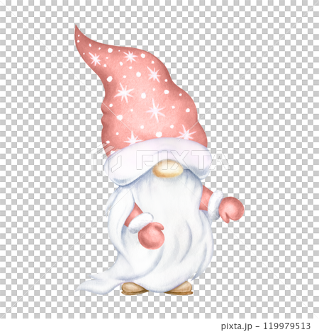 Christmas gnome in red hat and mittens with white beard watercolor isolated illustration. Hand drawn festive character for Happy New Year greeting cards template, stickers, festive packaging, designs. 119979513