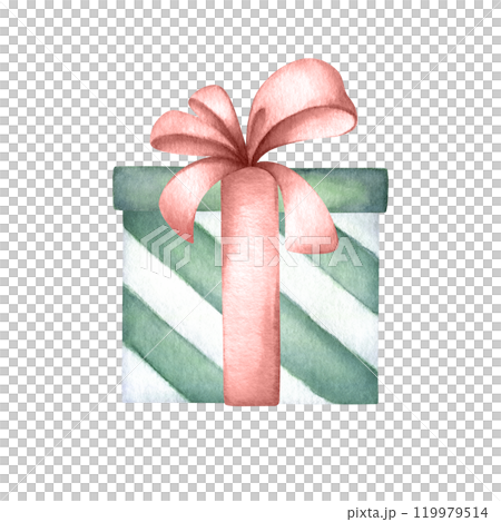 Gift box with bow and ribbon, green, red and white colors. Hand drawn watercolor isolated illustration for decoration, designs, birthday greeting cards and decors, compositions and festive packaging. Gift box with bow and ribbon, green, red and white colors. Hand drawn watercolor isolated illustration for decoration, designs, birthday greeting cards and decors, compositions and festive packaging. 119979514