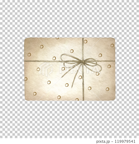 Gift box beige in polka dot colors tied with twine. Hand drawn watercolor isolated illustration for decoration, designs, birthday greeting cards and decors, compositions and festive packaging. Gift box beige in polka dot colors tied with twine. Hand drawn watercolor isolated illustration for decoration, designs, birthday greeting cards and decors, compositions and festive packaging. 119979541