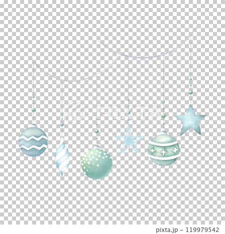 Christmas glass tree balls in green and blue colors with variety of white, with bead pendants. Hand drawn festive garland. Watercolor isolated illustration for New year greeting cards and designs. Christmas glass tree balls in green and blue colors with variety of white, with bead pendants. Hand drawn festive garland. Watercolor isolated illustration for New year greeting cards and designs. 119979542