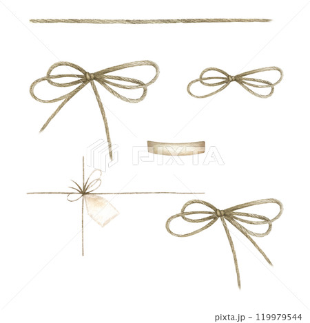 Twine, bows, ropes and ribbon for gift wrapping in brown colors isolated on white. Hand drawn watercolor illustration set of jute cord, thread. For decoration of flower bouquets and festive packaging. 119979544