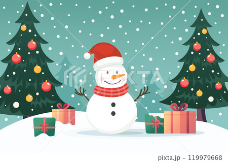 Snowman in snow field with gift boxes and christmas tree. Vector illustration Snowman in snow field with gift boxes and christmas tree. Vector illustration 119979668