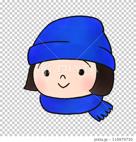 Hand-drawn illustration of a girl wearing a blue knitted hat and scarf Hand-drawn illustration of a girl wearing a blue knitted hat and scarf 119979730