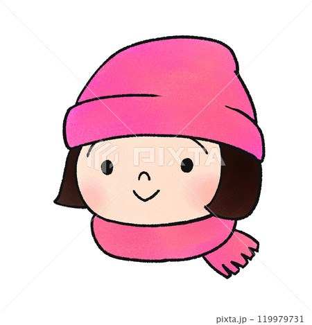 ピンクのニット帽とマフラーをつけた女の子の手描きイラスト 119979731