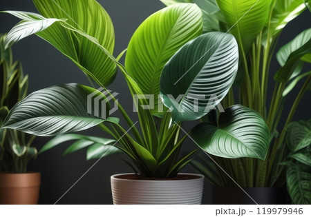 Lush green indoor plants in stylish white and black pots under soft lighting 119979946