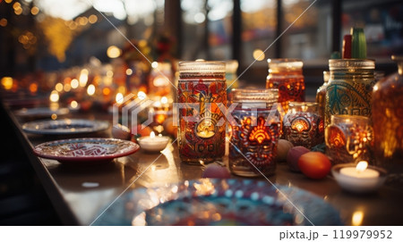 Rustic candlelit dinner setting with colorful artisan glassware 119979952