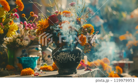 Vibrant day of the dead altar with colorful flowers and smoky atmosphere 119979953