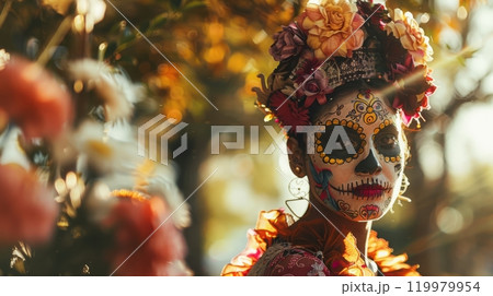 Colorful day of the dead celebration with traditional face paint and floral headpiece 119979954