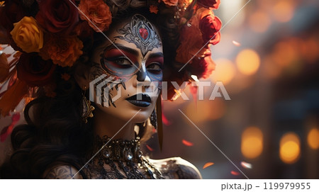 Vibrant day of the dead celebration with floral painted face 119979955