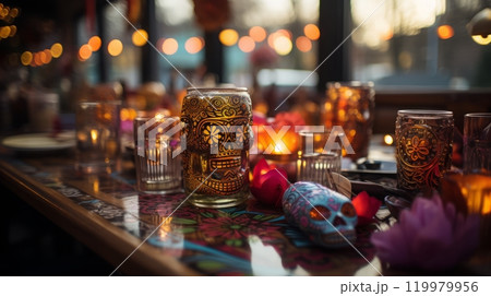 Festive day of the dead celebration table with candlelit skulls and flowers 119979956