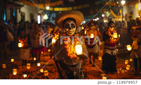 Vibrant dia de los muertos celebration with marigolds and illuminated lanterns at night 119979957