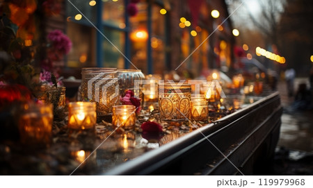 Warm candlelit street display with festive decorations in evening ambiance 119979968