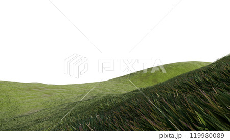 nature grass meadow land lush greenery landscape lawn isolated background. meadow green hill plant beautiful spring mountain park environment 3d render. grass plant field summer travel outdoor. 119980089