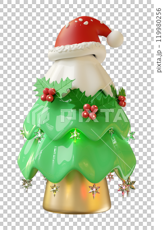 3d santa claus hat on christmas tree with snow, ornaments isolated. merry christmas and festive new year concept, 3d illustration render 119980256