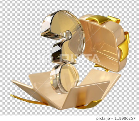 3d transparent question mark symbol icon with open gift box isolated. FAQ or frequently asked questions, merry christmas and festive new year concept, 3d illustration render 119980257