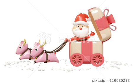 3d santa claus riding a carriage with reindeer, gift box isolated. merry christmas and happy new year, 3d render illustration 119980258