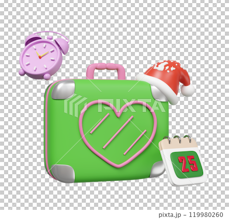3d  suitcase with calendar on December 25th, alarm clock, santa hat isolated. merry christmas and festive new year holiday travel concept, 3d illustration render 119980260