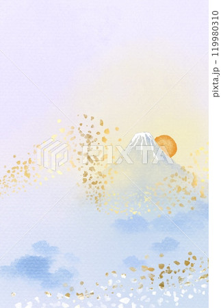 富士山と朝日の清々しい風景と金箔の和風イメージの水彩背景イラスト 119980310