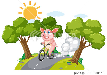 Pig Riding Bicycle in Sunny Forest Pig Riding Bicycle in Sunny Forest 119980449