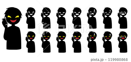 スマホで話す黒いシルエットの悪人イメージの素材セット スマホで話す黒いシルエットの悪人イメージの素材セット 119980868