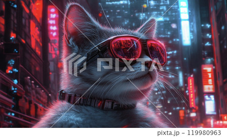 サングラスをかけたサイバーパンク調の猫　AI画像 119980963