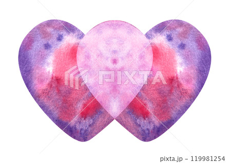 Two purple hearts blending into each other isolated on white. W letter. Hand painted watercolor illustration. Perfect St Valentine day, for love cards, posters, textile, hospital decor 119981254