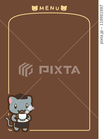 シンプルなコーヒーを運ぶ猫店員付きメニュー枠線縦長型その16 119981997